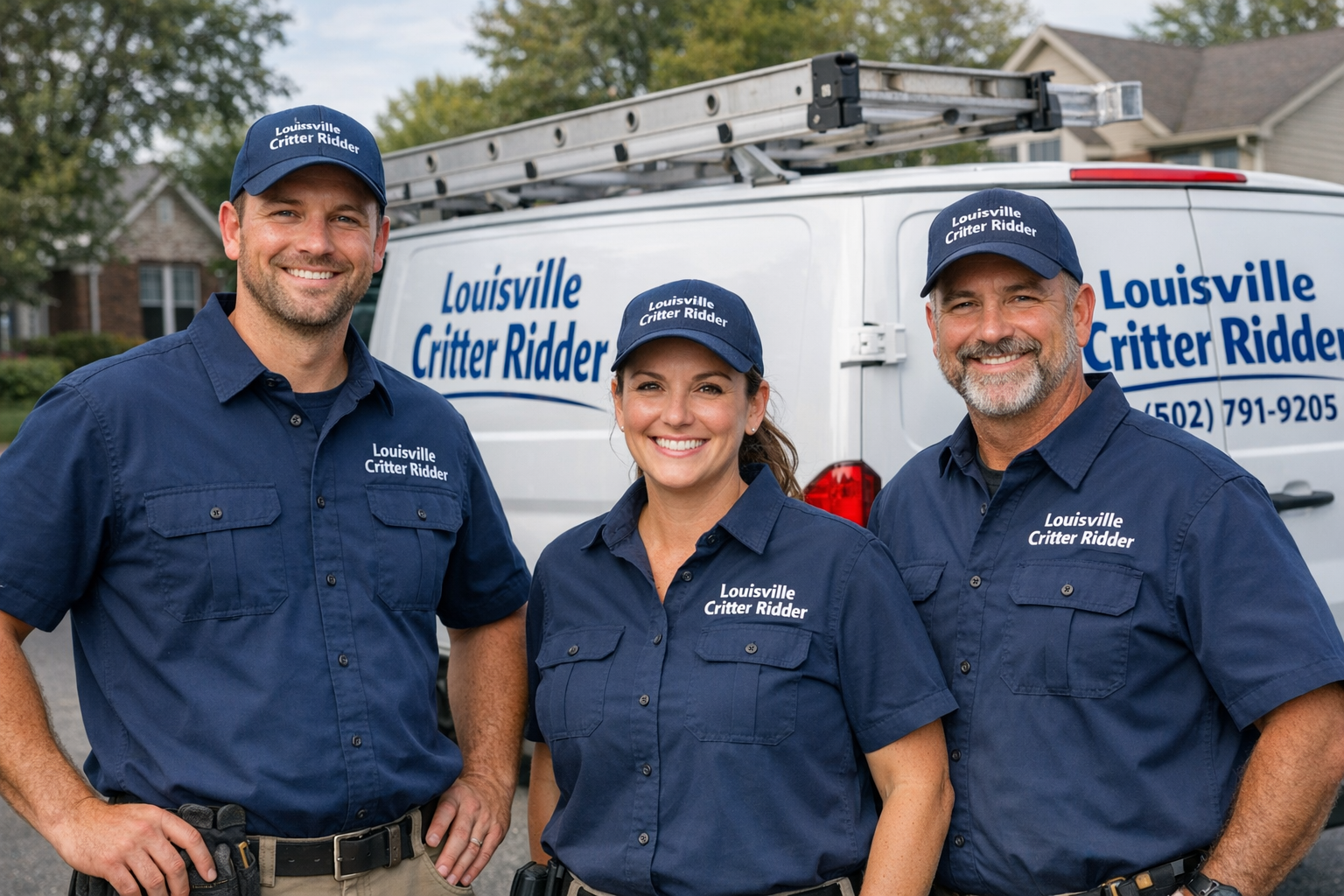 The Louisville Critter Ridder team beside a service van