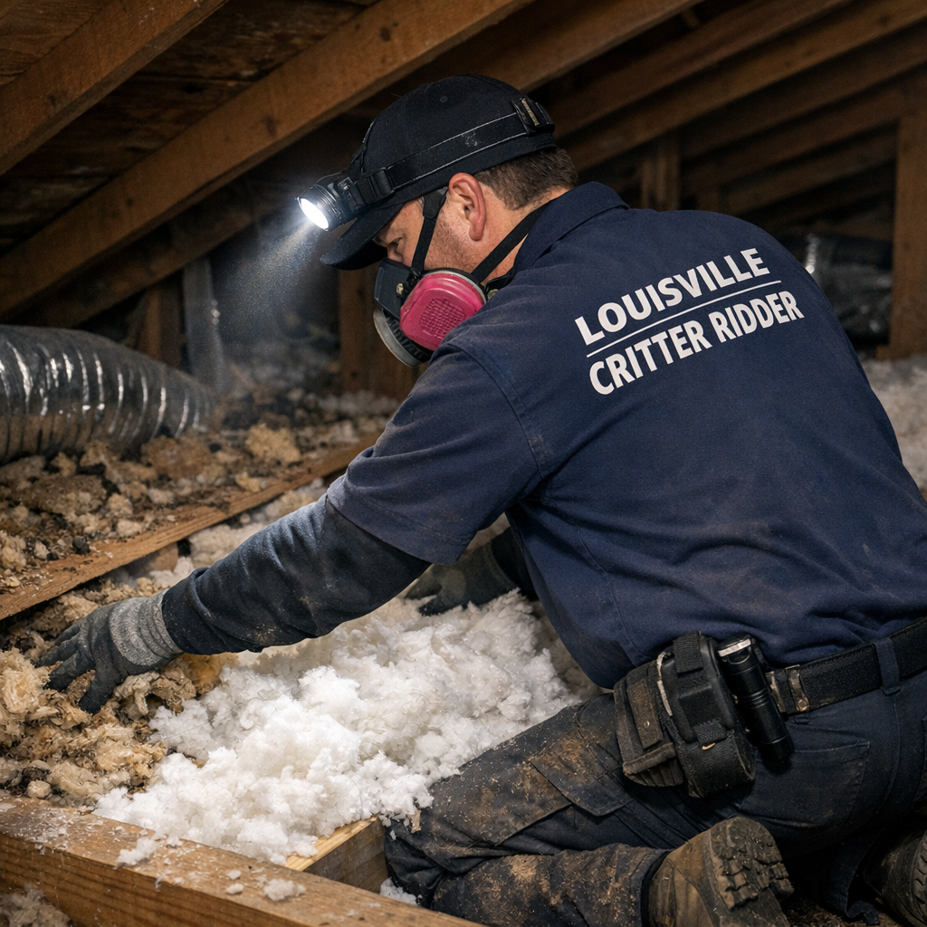 Technician replacing damaged attic insulation