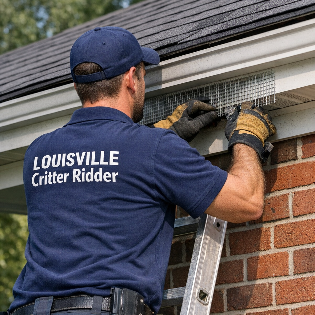 Technician installing exclusion barrier on a roofline