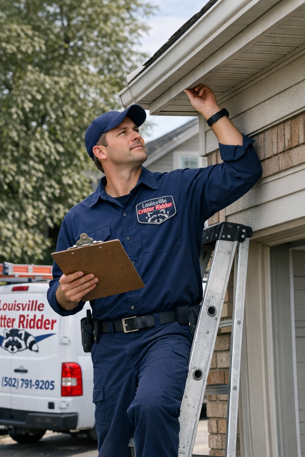 Technician inspecting the roofline of a home